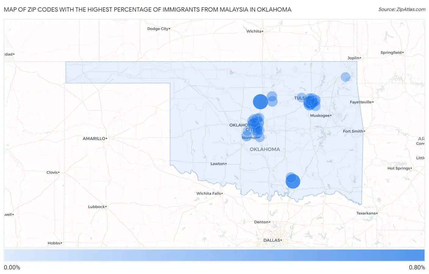 Zip Codes with the Highest Percentage of Immigrants from Malaysia in Oklahoma Map