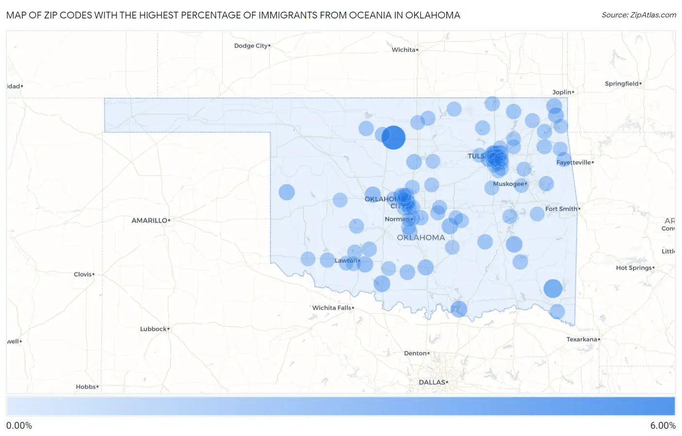 Zip Codes with the Highest Percentage of Immigrants from Oceania in Oklahoma Map