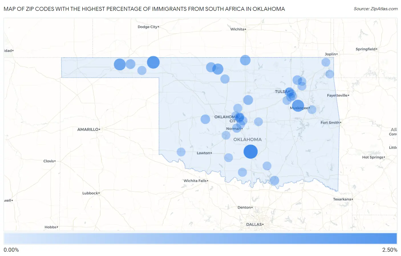 Zip Codes with the Highest Percentage of Immigrants from South Africa in Oklahoma Map