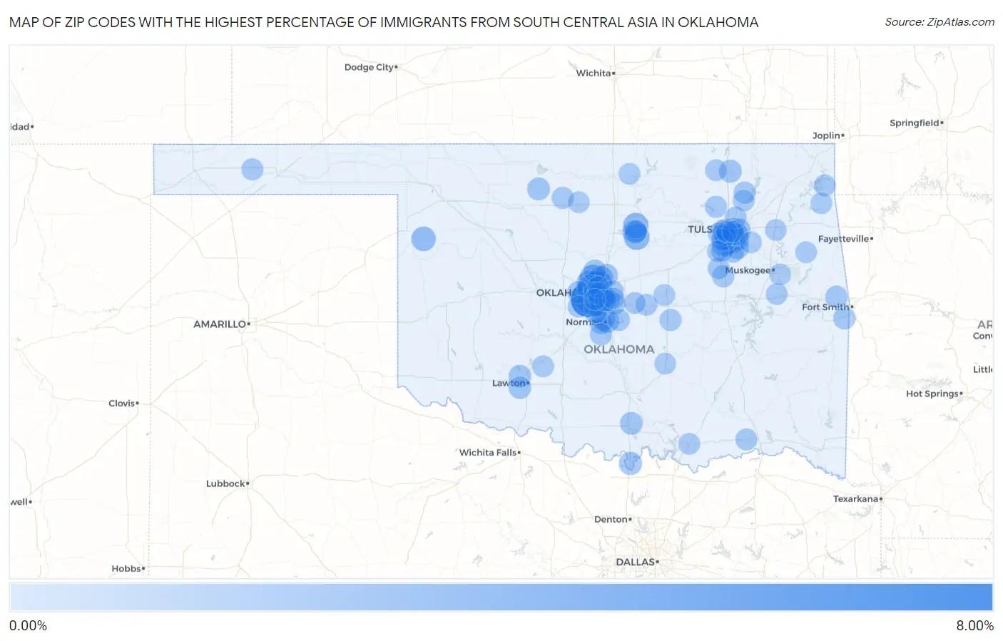 Zip Codes with the Highest Percentage of Immigrants from South Central Asia in Oklahoma Map