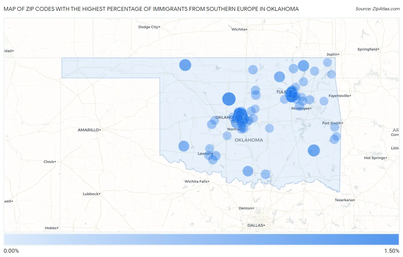 Zip Codes with the Highest Percentage of Immigrants from Southern Europe in Oklahoma Map