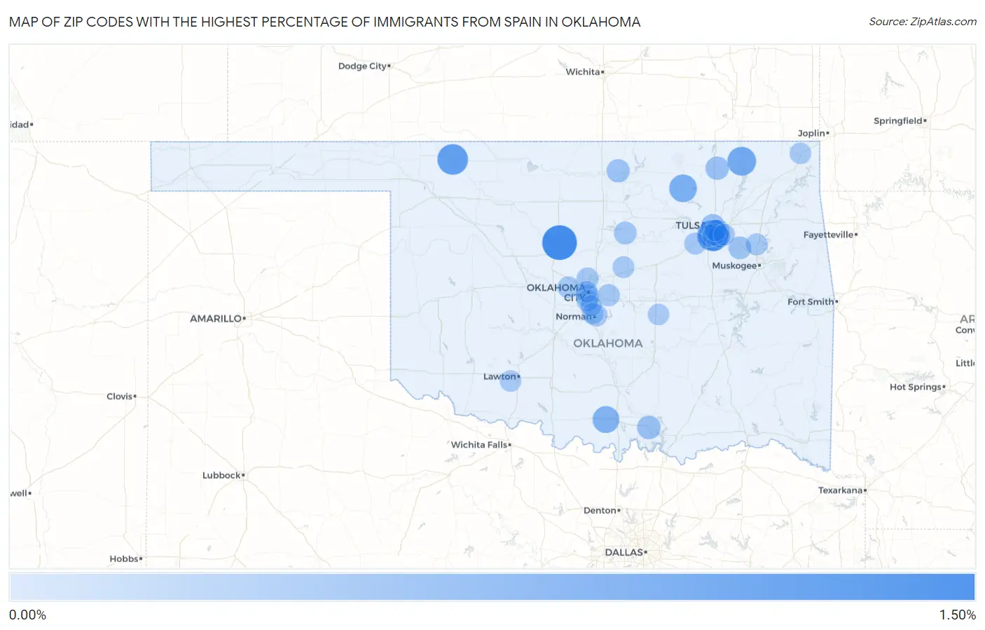 Zip Codes with the Highest Percentage of Immigrants from Spain in Oklahoma Map