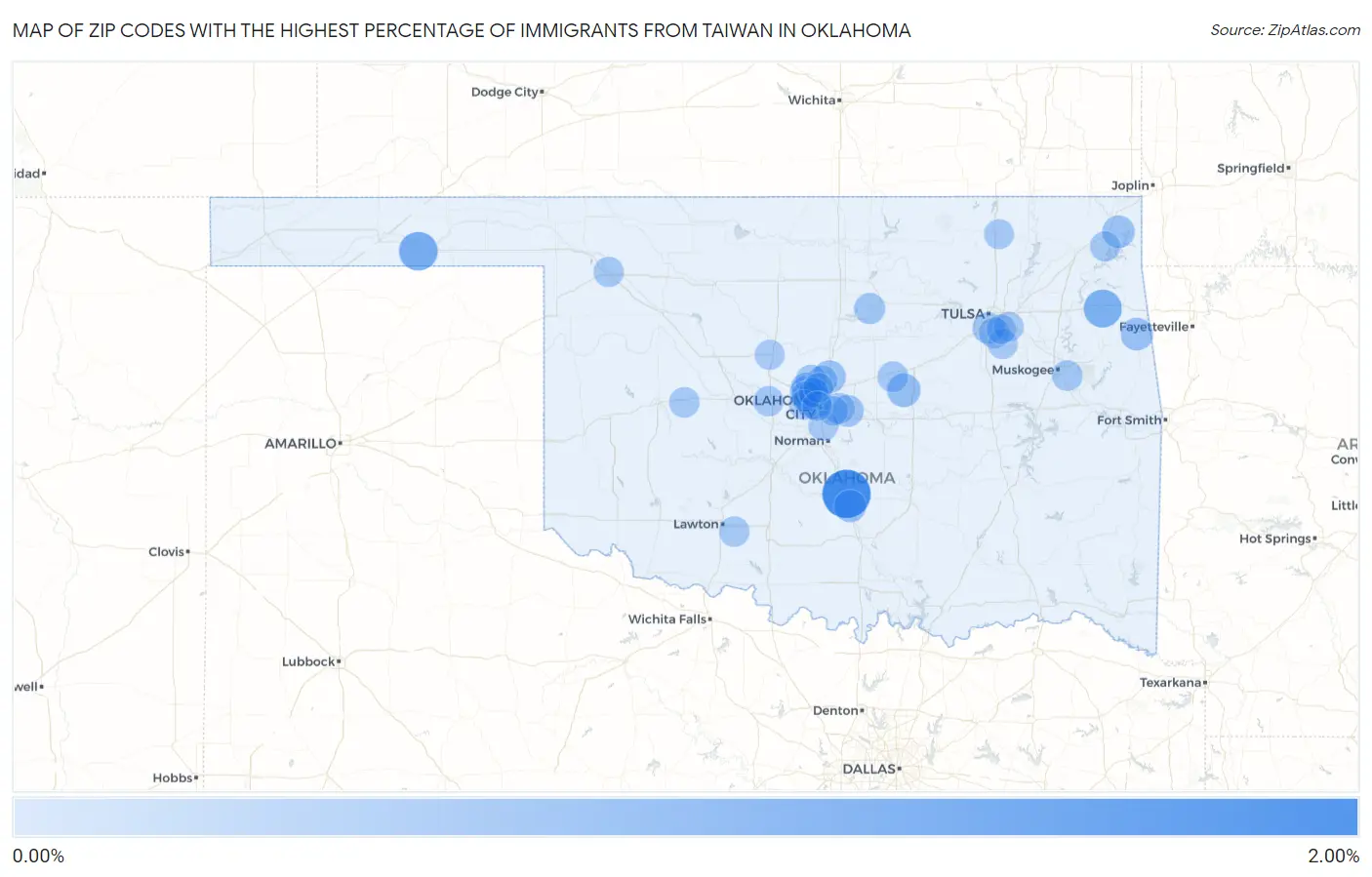Zip Codes with the Highest Percentage of Immigrants from Taiwan in Oklahoma Map