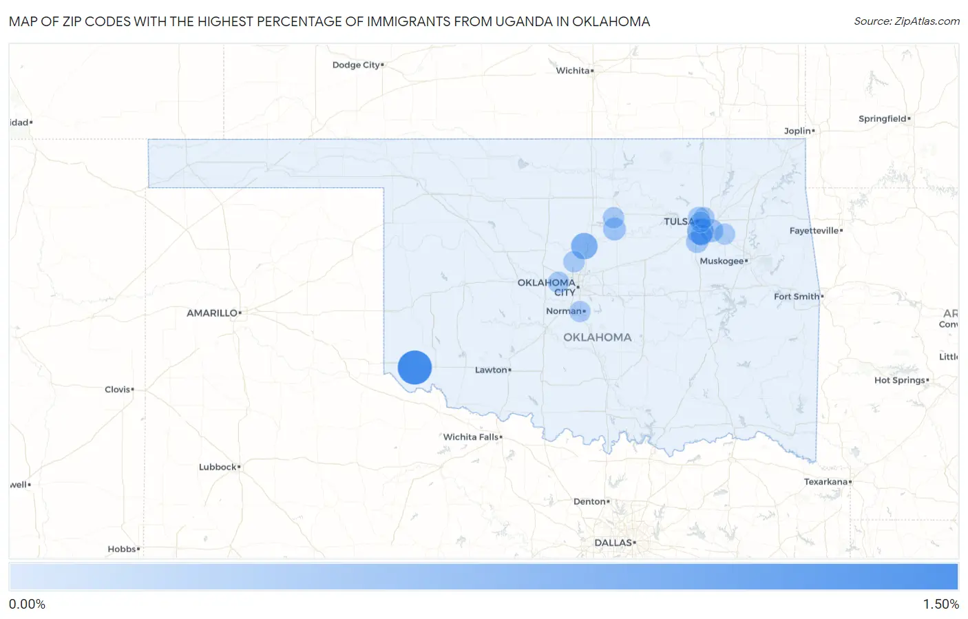 Zip Codes with the Highest Percentage of Immigrants from Uganda in Oklahoma Map