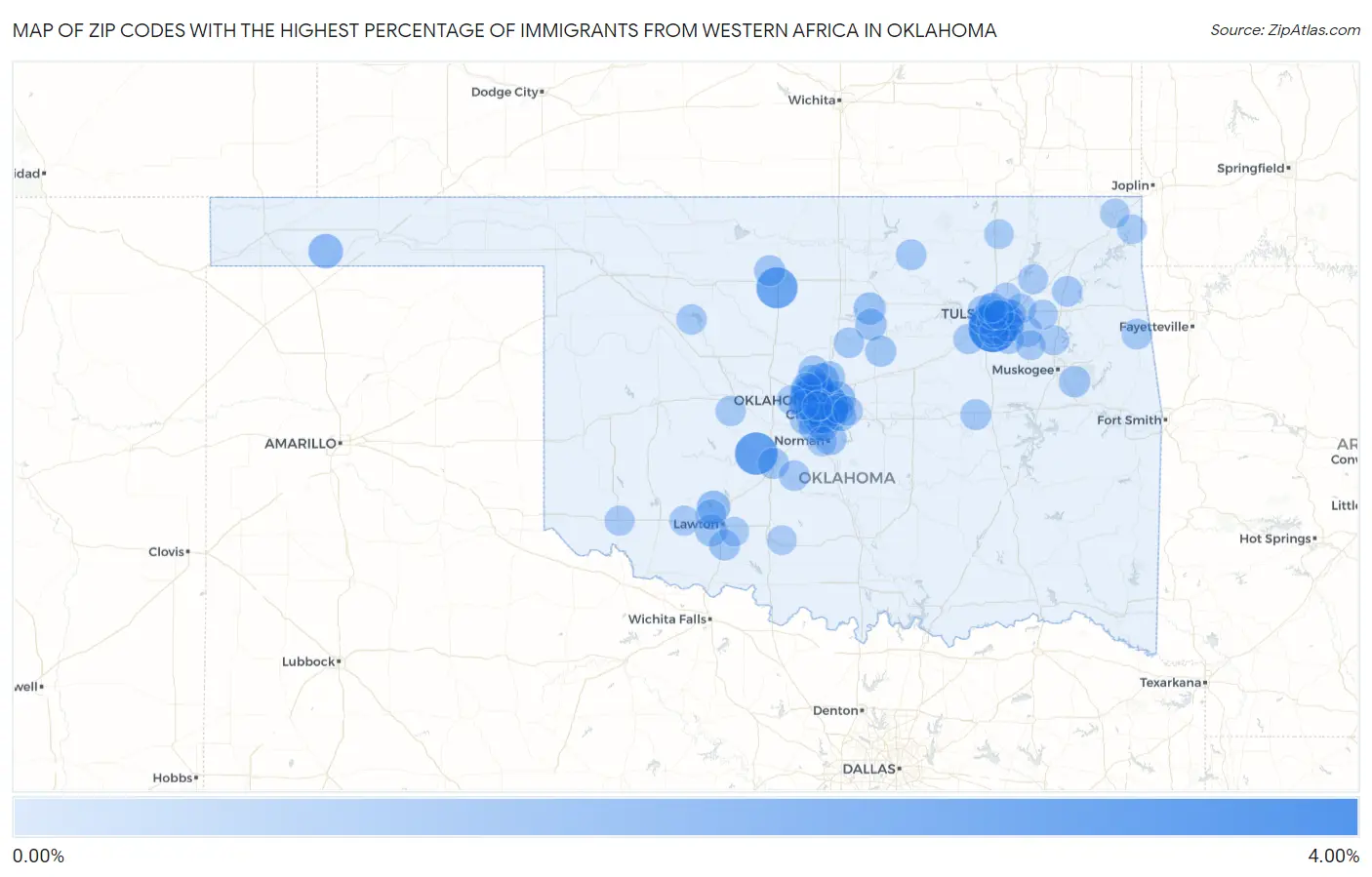 Zip Codes with the Highest Percentage of Immigrants from Western Africa in Oklahoma Map