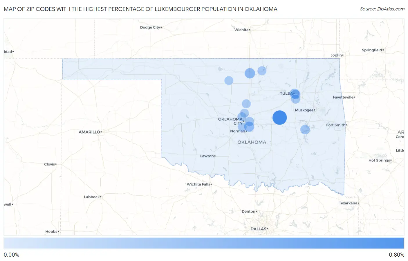 Zip Codes with the Highest Percentage of Luxembourger Population in Oklahoma Map