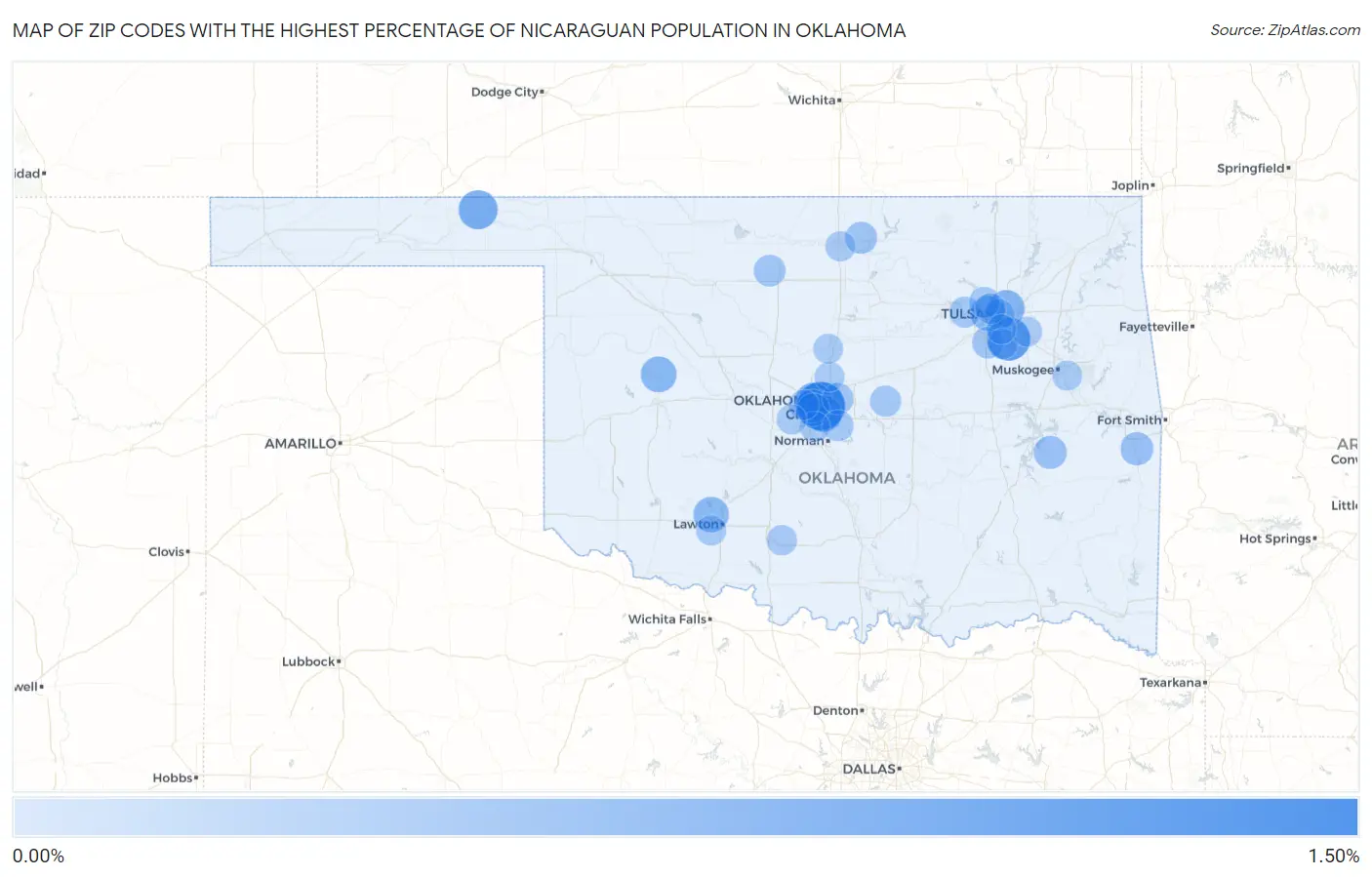 Zip Codes with the Highest Percentage of Nicaraguan Population in Oklahoma Map