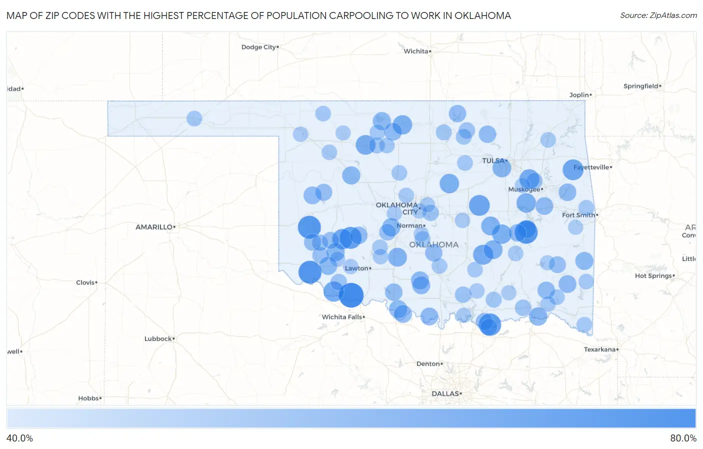 Zip Codes with the Highest Percentage of Population Carpooling to Work in Oklahoma Map