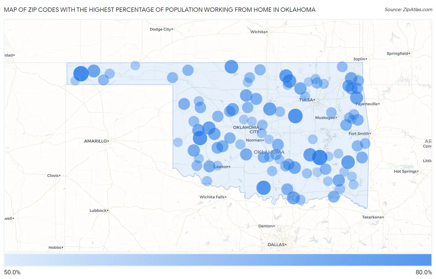 Zip Codes with the Highest Percentage of Population Working from Home in Oklahoma Map