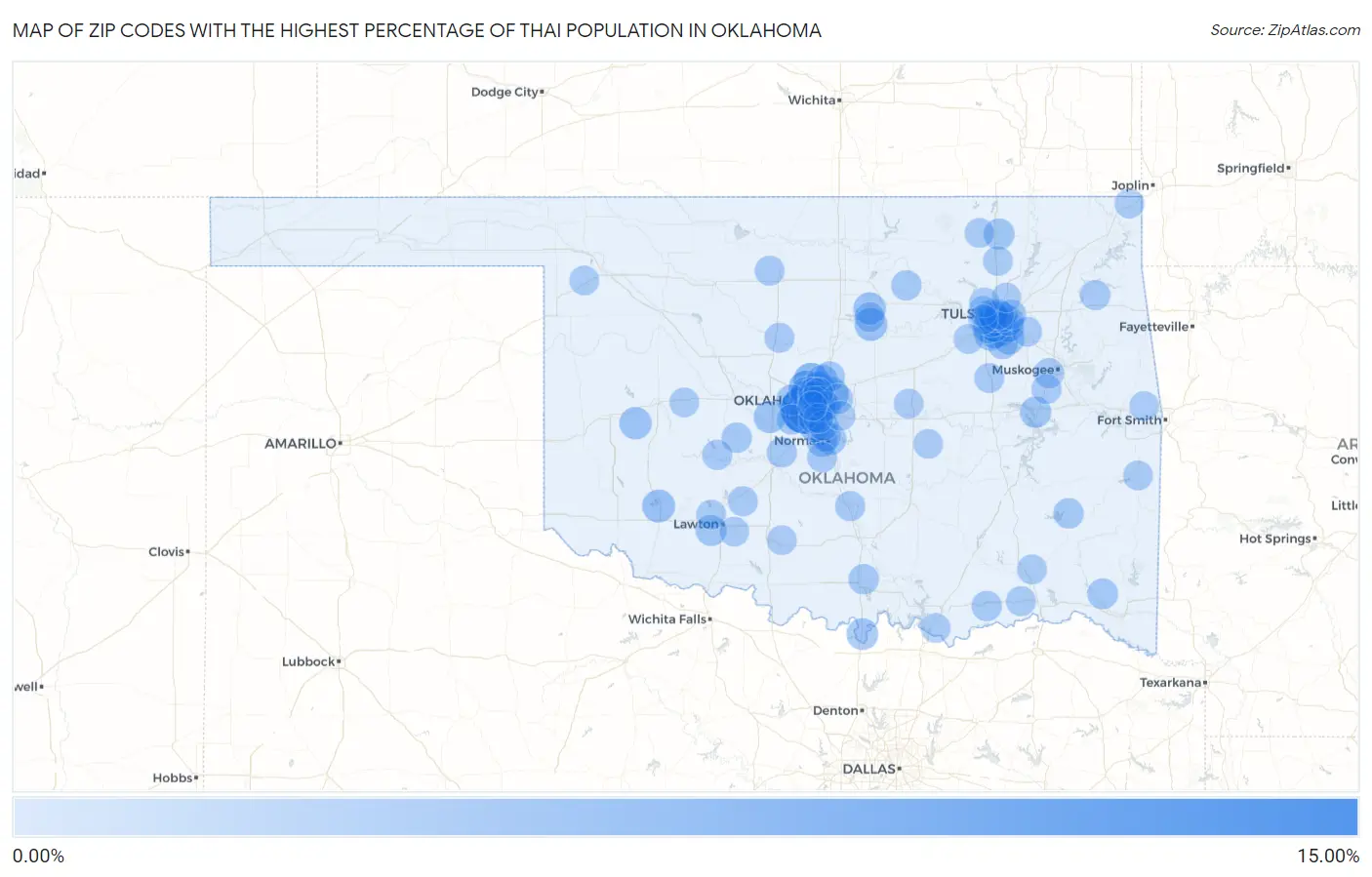 Zip Codes with the Highest Percentage of Thai Population in Oklahoma Map