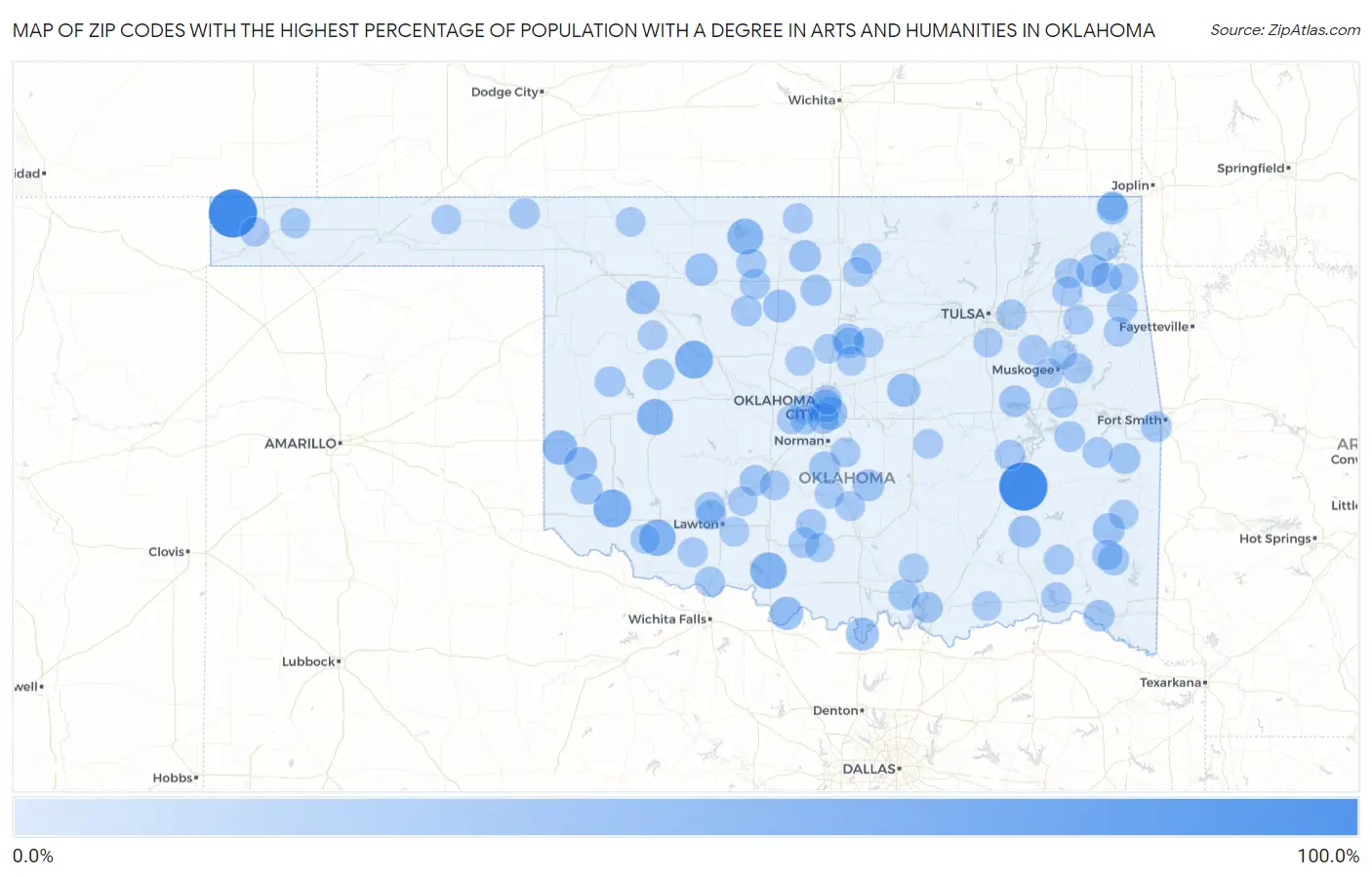 Zip Codes with the Highest Percentage of Population with a Degree in Arts and Humanities in Oklahoma Map