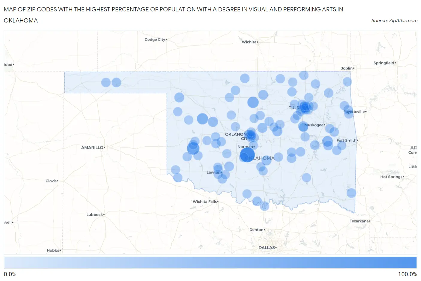 Zip Codes with the Highest Percentage of Population with a Degree in Visual and Performing Arts in Oklahoma Map
