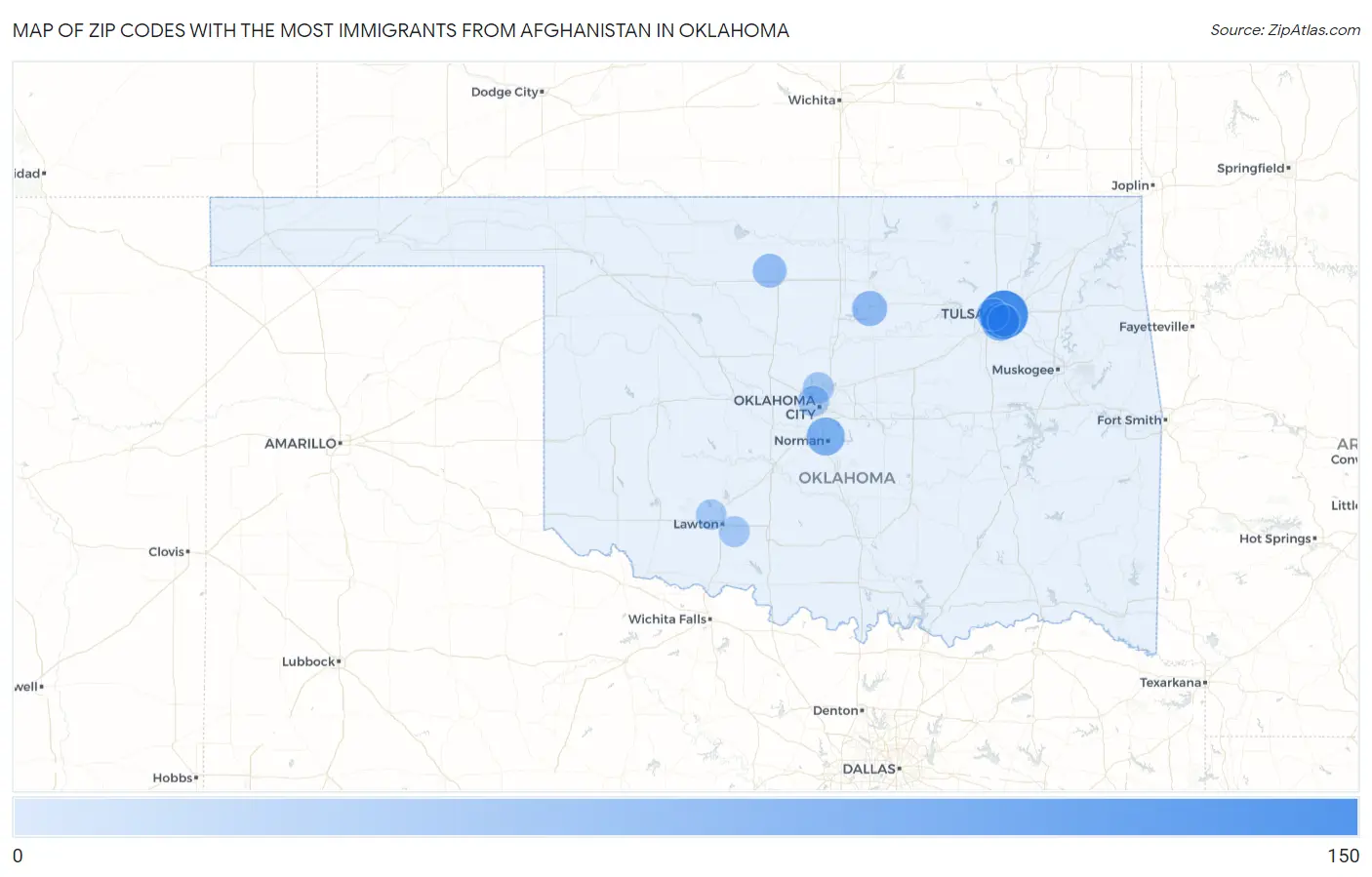 Zip Codes with the Most Immigrants from Afghanistan in Oklahoma Map