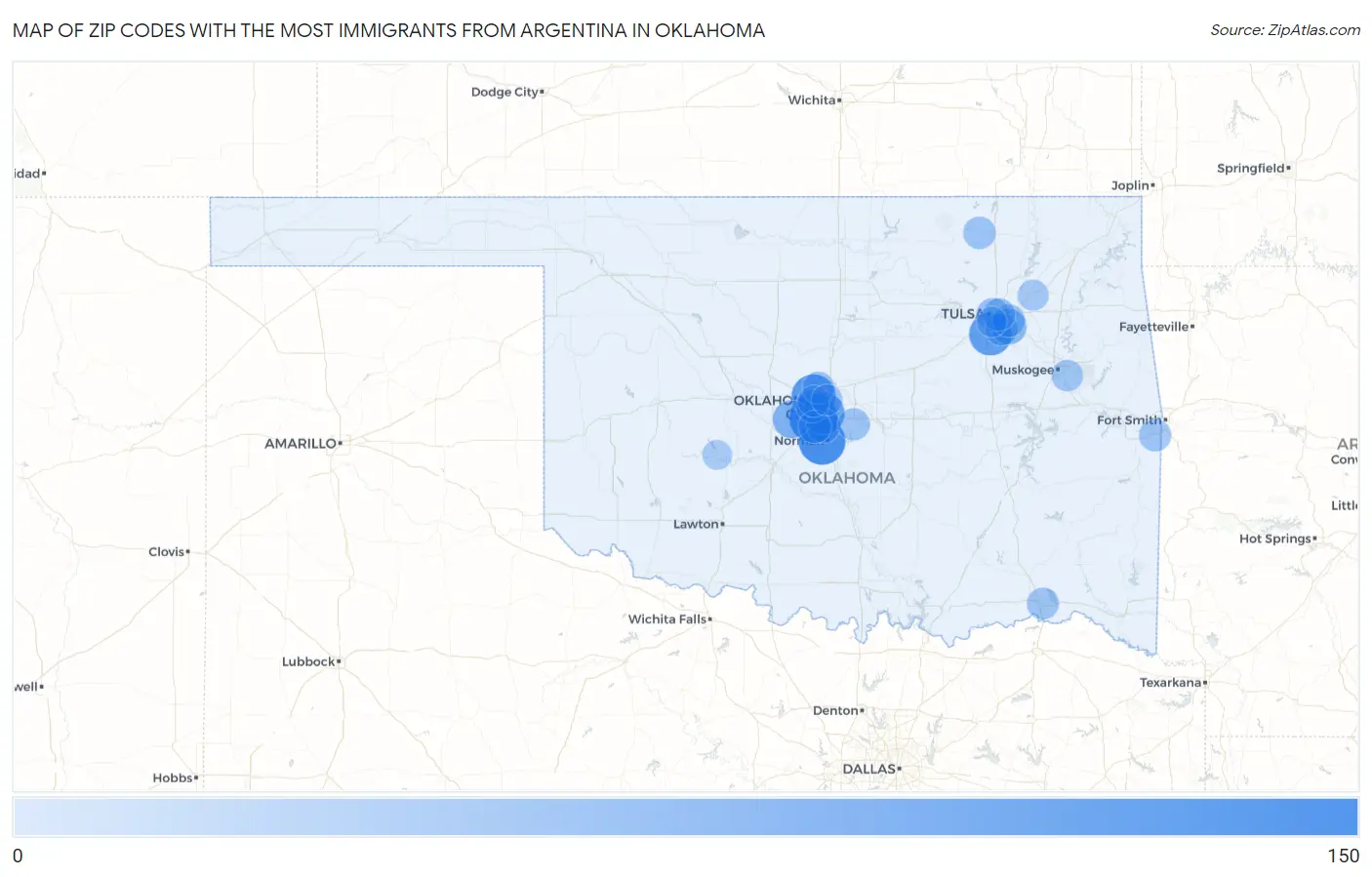 Zip Codes with the Most Immigrants from Argentina in Oklahoma Map
