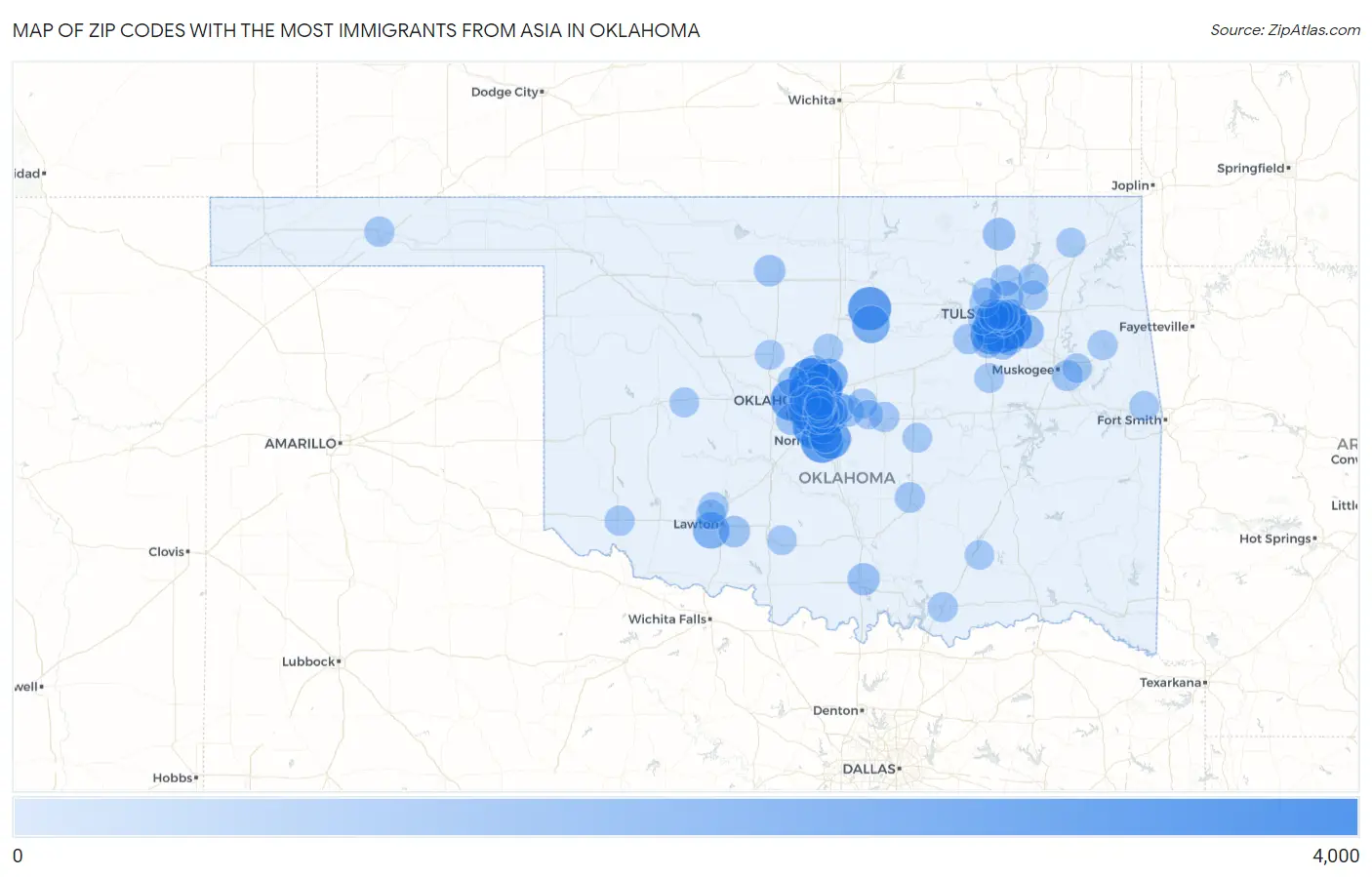 Zip Codes with the Most Immigrants from Asia in Oklahoma Map