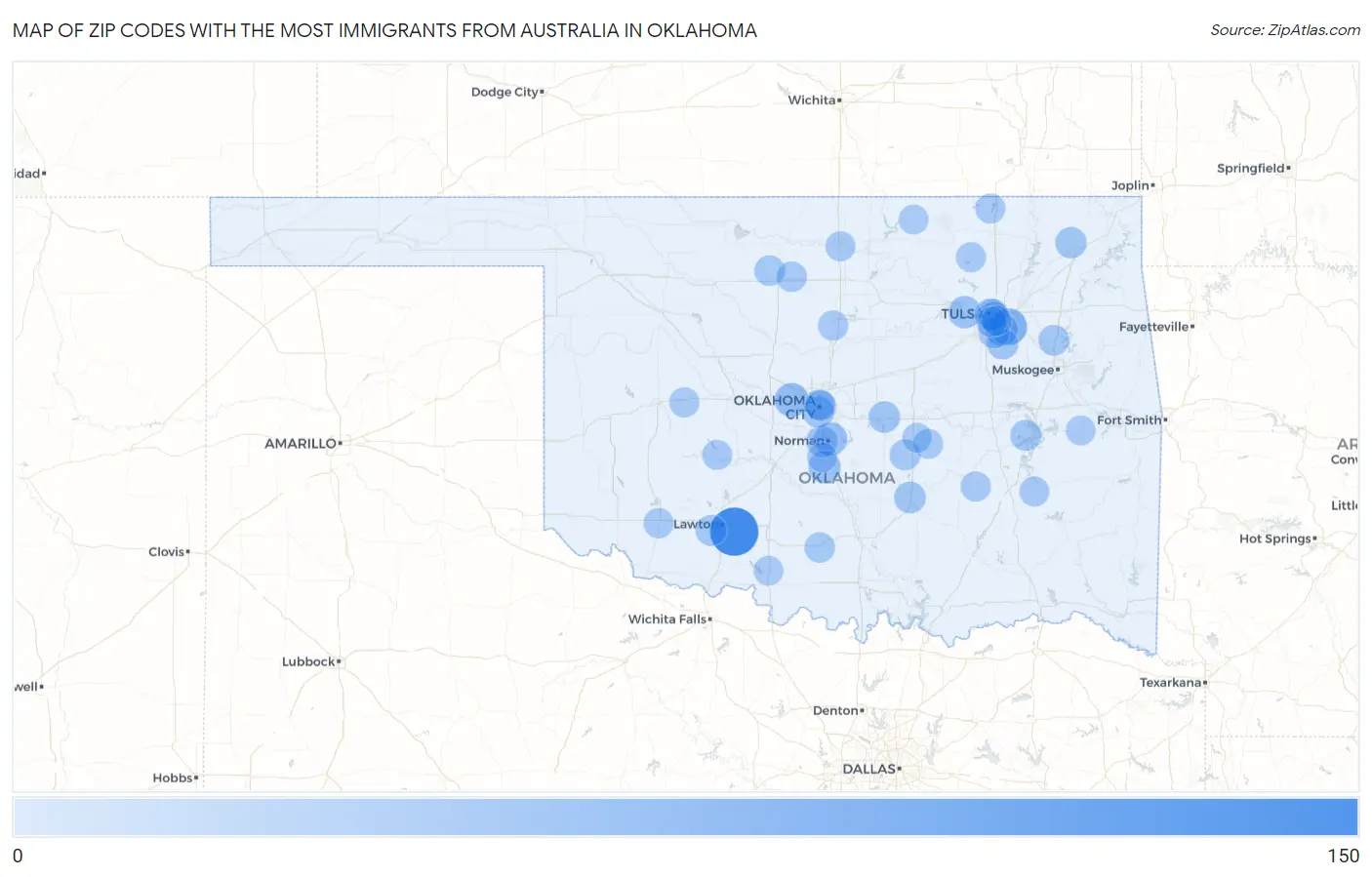 Zip Codes with the Most Immigrants from Australia in Oklahoma Map