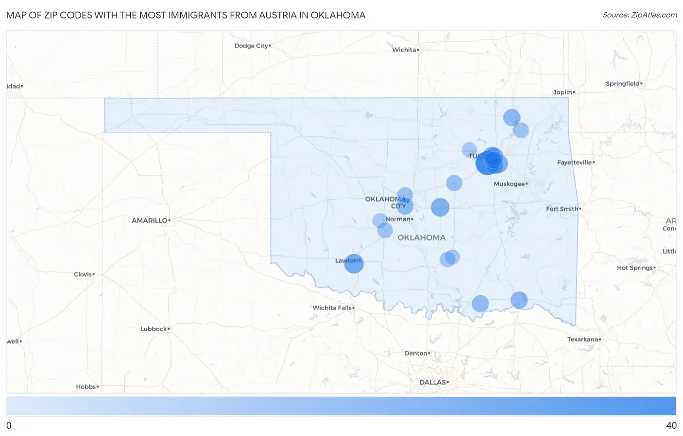 Zip Codes with the Most Immigrants from Austria in Oklahoma Map