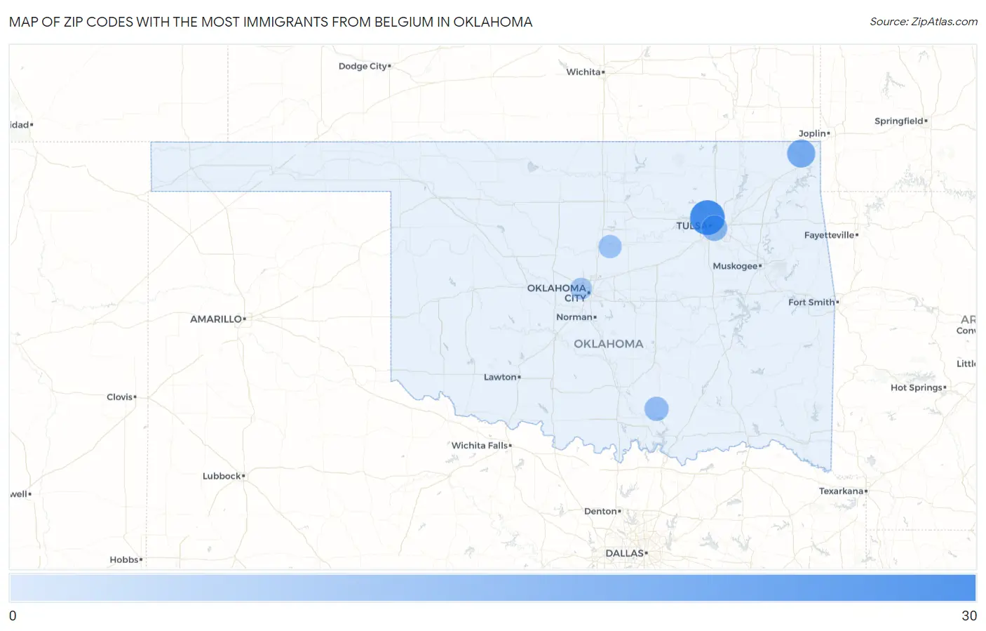 Zip Codes with the Most Immigrants from Belgium in Oklahoma Map