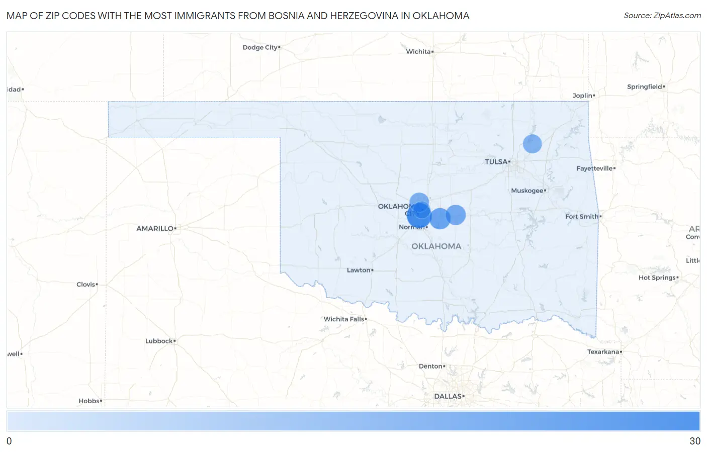 Zip Codes with the Most Immigrants from Bosnia and Herzegovina in Oklahoma Map