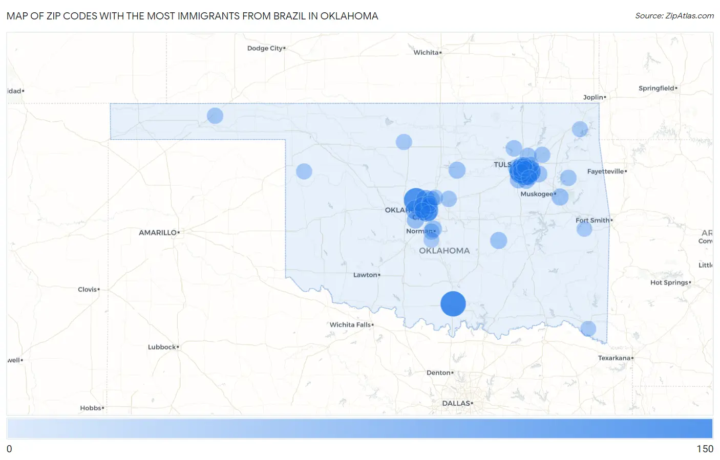 Zip Codes with the Most Immigrants from Brazil in Oklahoma Map