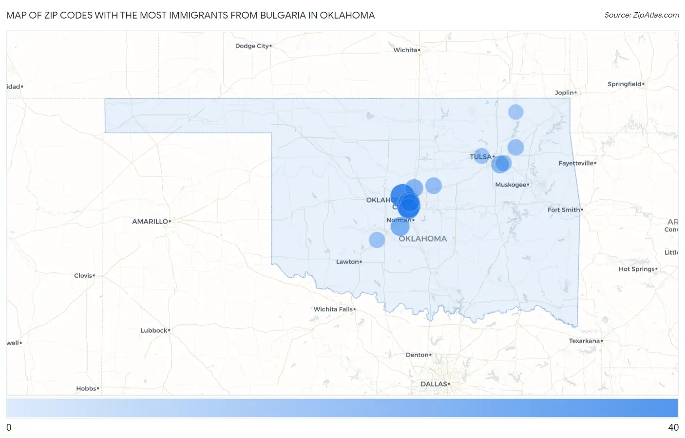 Zip Codes with the Most Immigrants from Bulgaria in Oklahoma Map