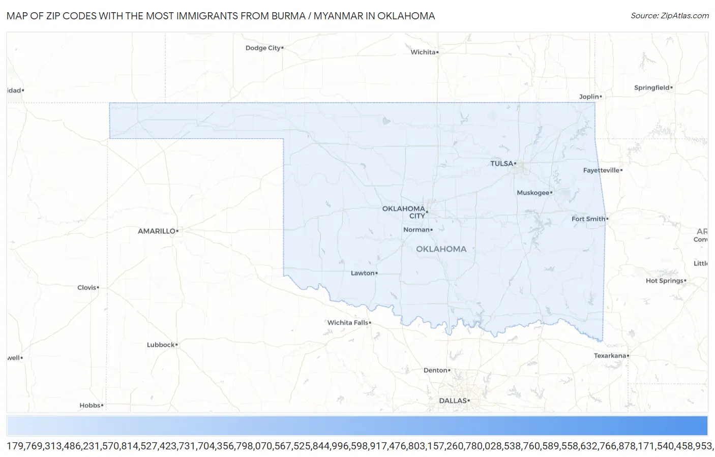 Zip Codes with the Most Immigrants from Burma / Myanmar in Oklahoma Map