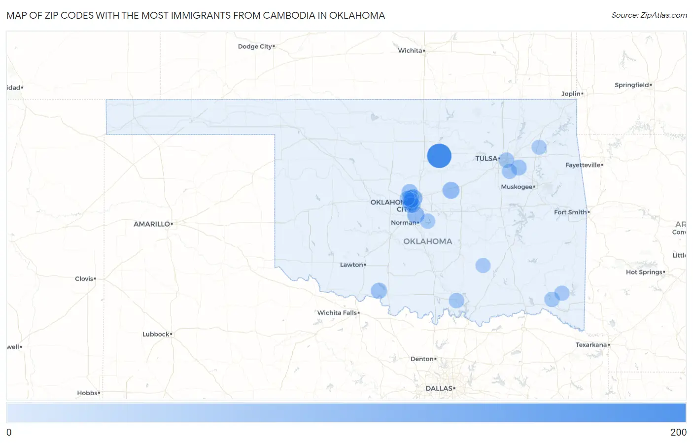 Zip Codes with the Most Immigrants from Cambodia in Oklahoma Map