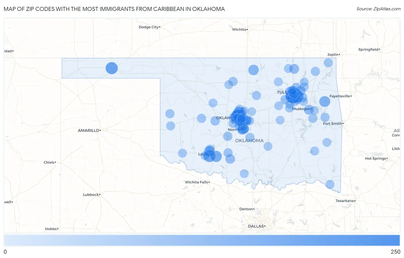 Zip Codes with the Most Immigrants from Caribbean in Oklahoma Map