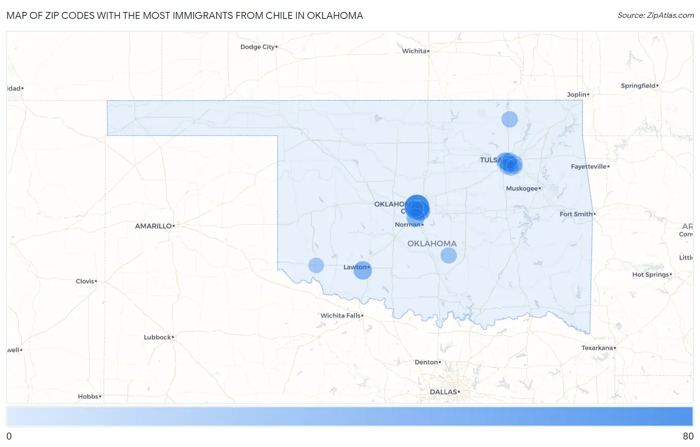 Zip Codes with the Most Immigrants from Chile in Oklahoma Map
