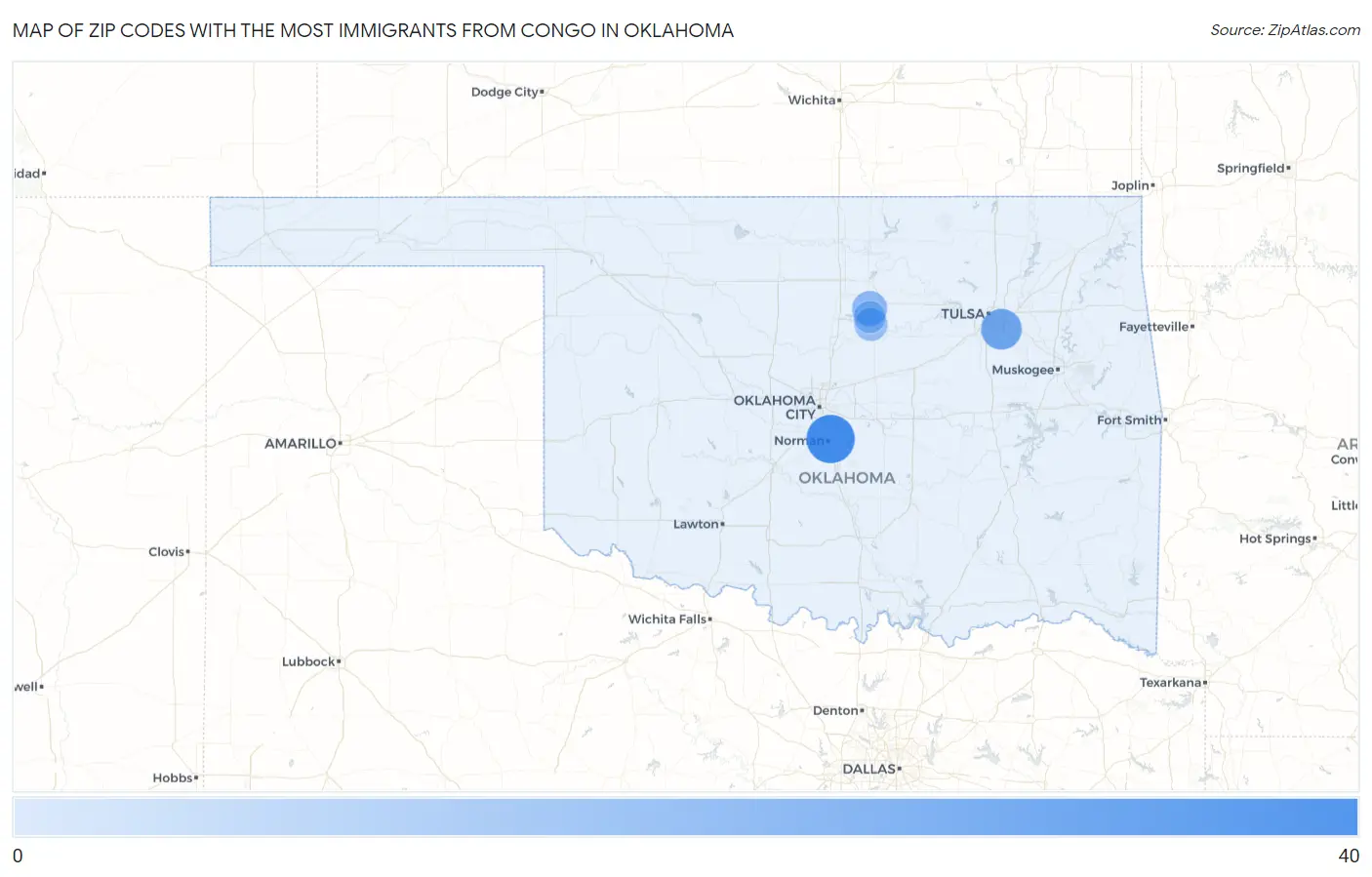 Zip Codes with the Most Immigrants from Congo in Oklahoma Map