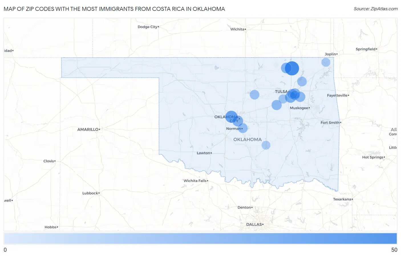 Zip Codes with the Most Immigrants from Costa Rica in Oklahoma Map