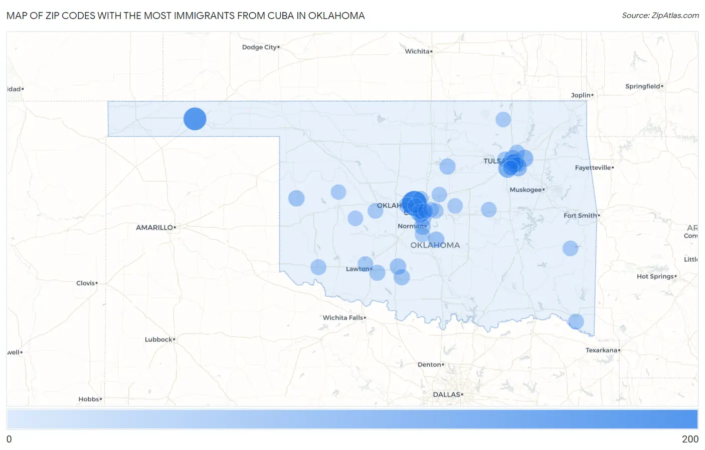 Zip Codes with the Most Immigrants from Cuba in Oklahoma Map