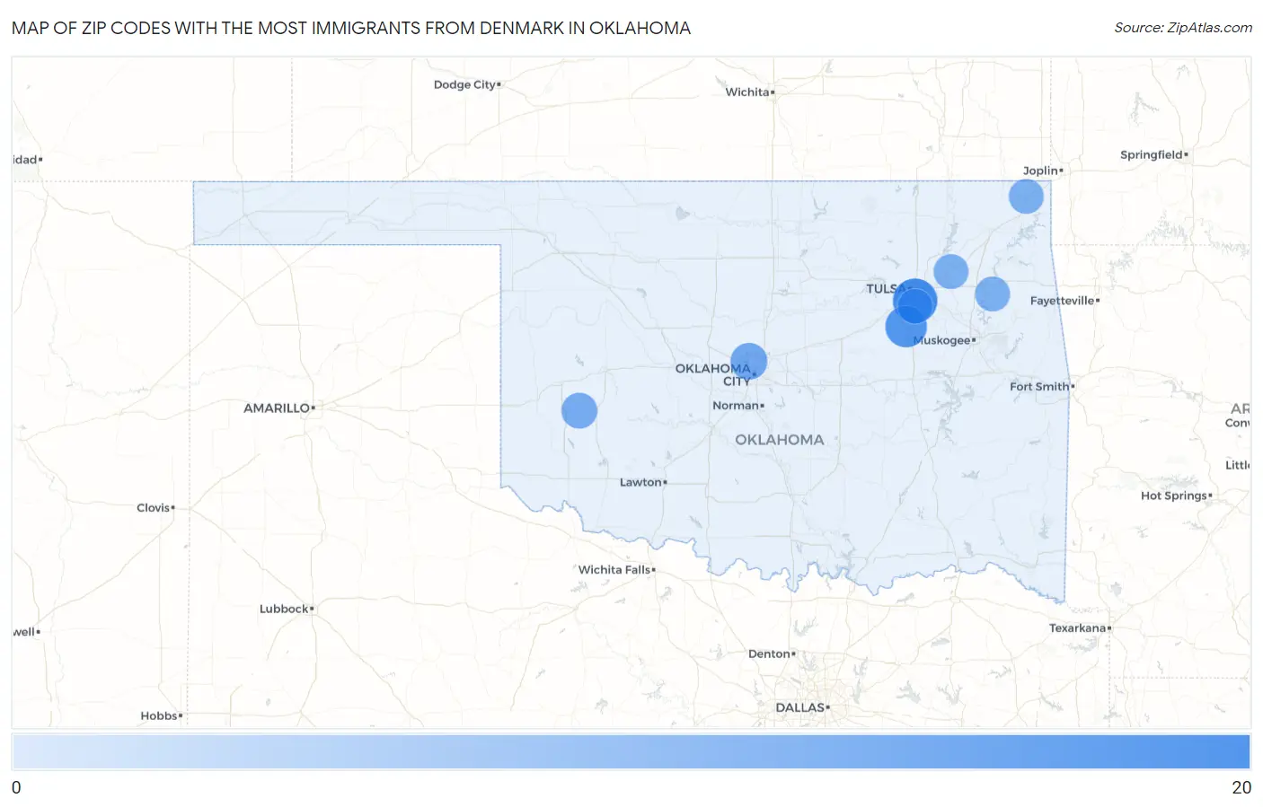 Zip Codes with the Most Immigrants from Denmark in Oklahoma Map