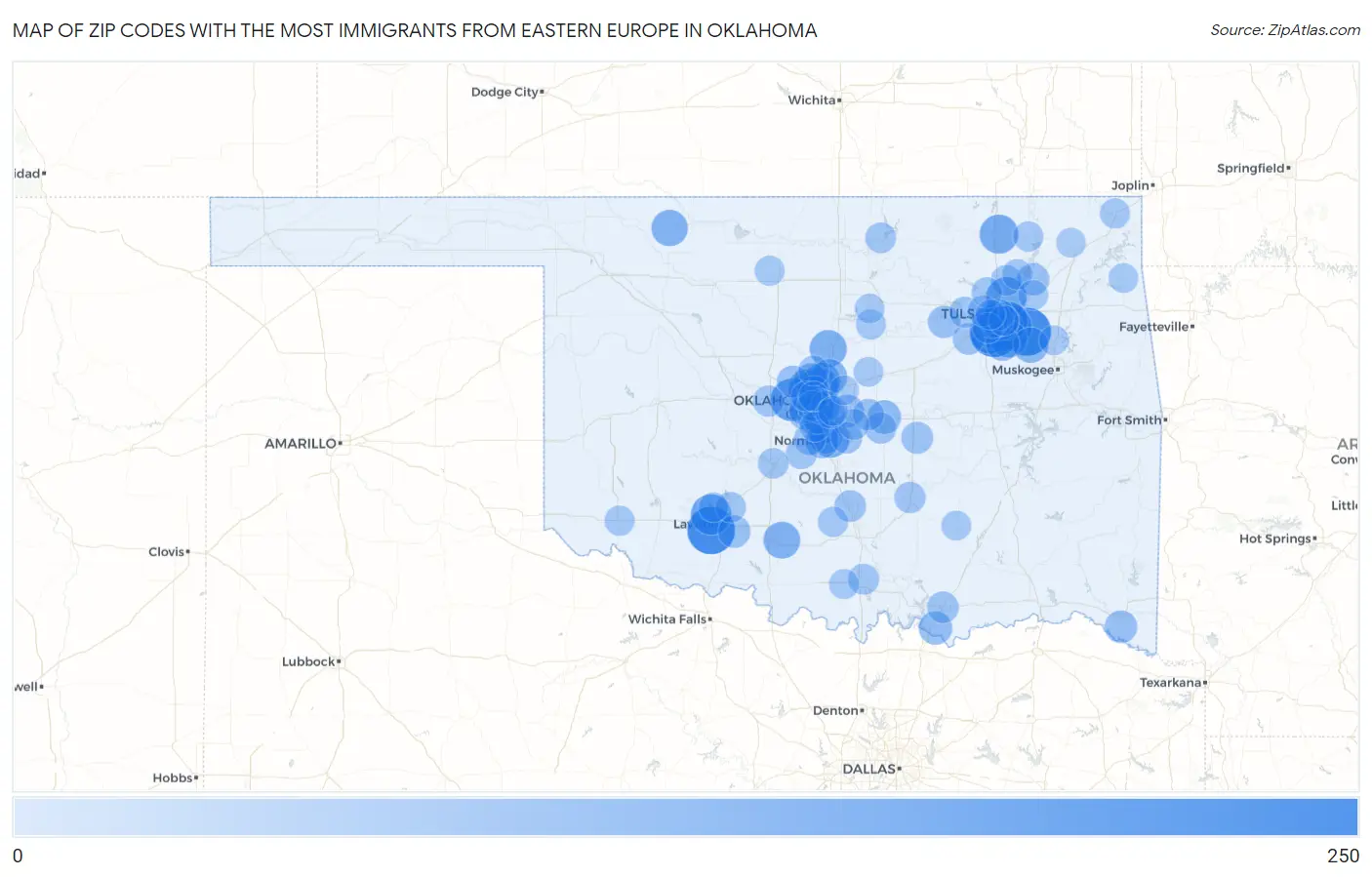 Zip Codes with the Most Immigrants from Eastern Europe in Oklahoma Map