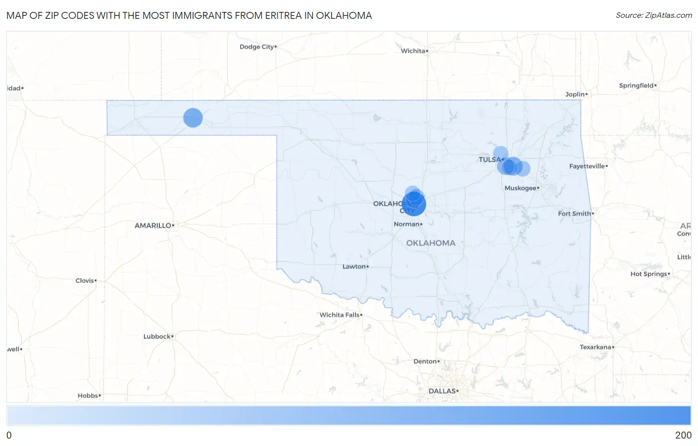 Zip Codes with the Most Immigrants from Eritrea in Oklahoma Map