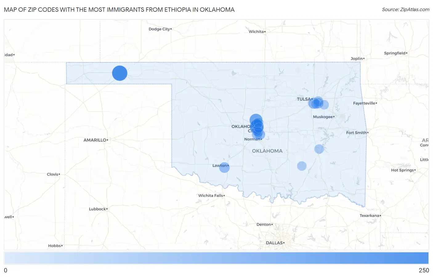 Zip Codes with the Most Immigrants from Ethiopia in Oklahoma Map