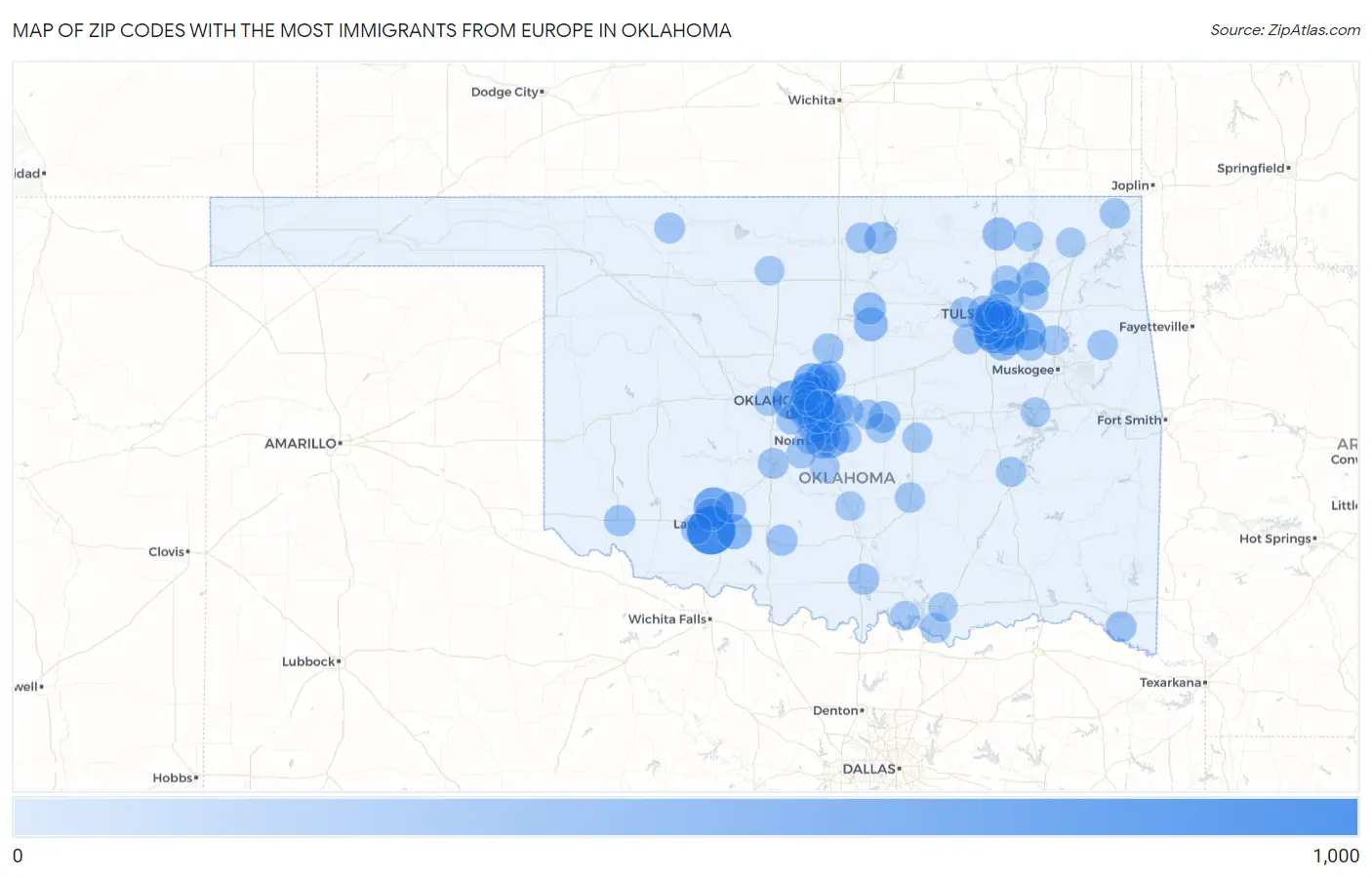 Zip Codes with the Most Immigrants from Europe in Oklahoma Map