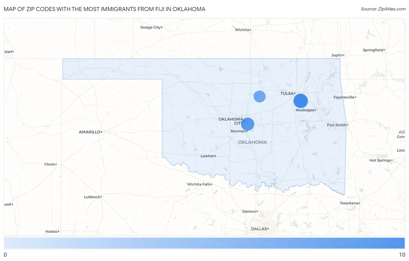 Zip Codes with the Most Immigrants from Fiji in Oklahoma Map