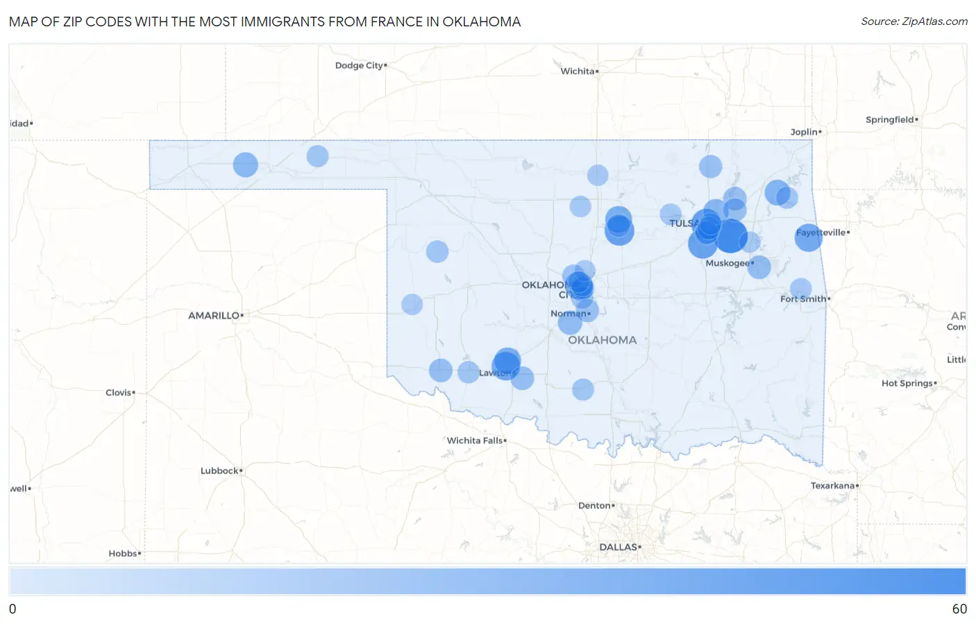 Zip Codes with the Most Immigrants from France in Oklahoma Map