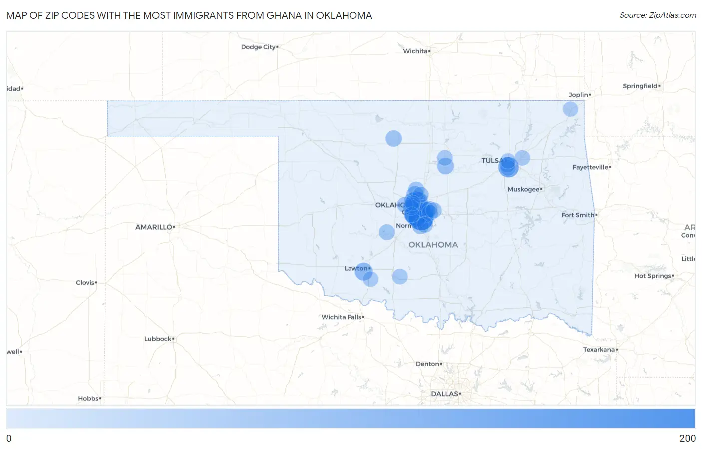 Zip Codes with the Most Immigrants from Ghana in Oklahoma Map