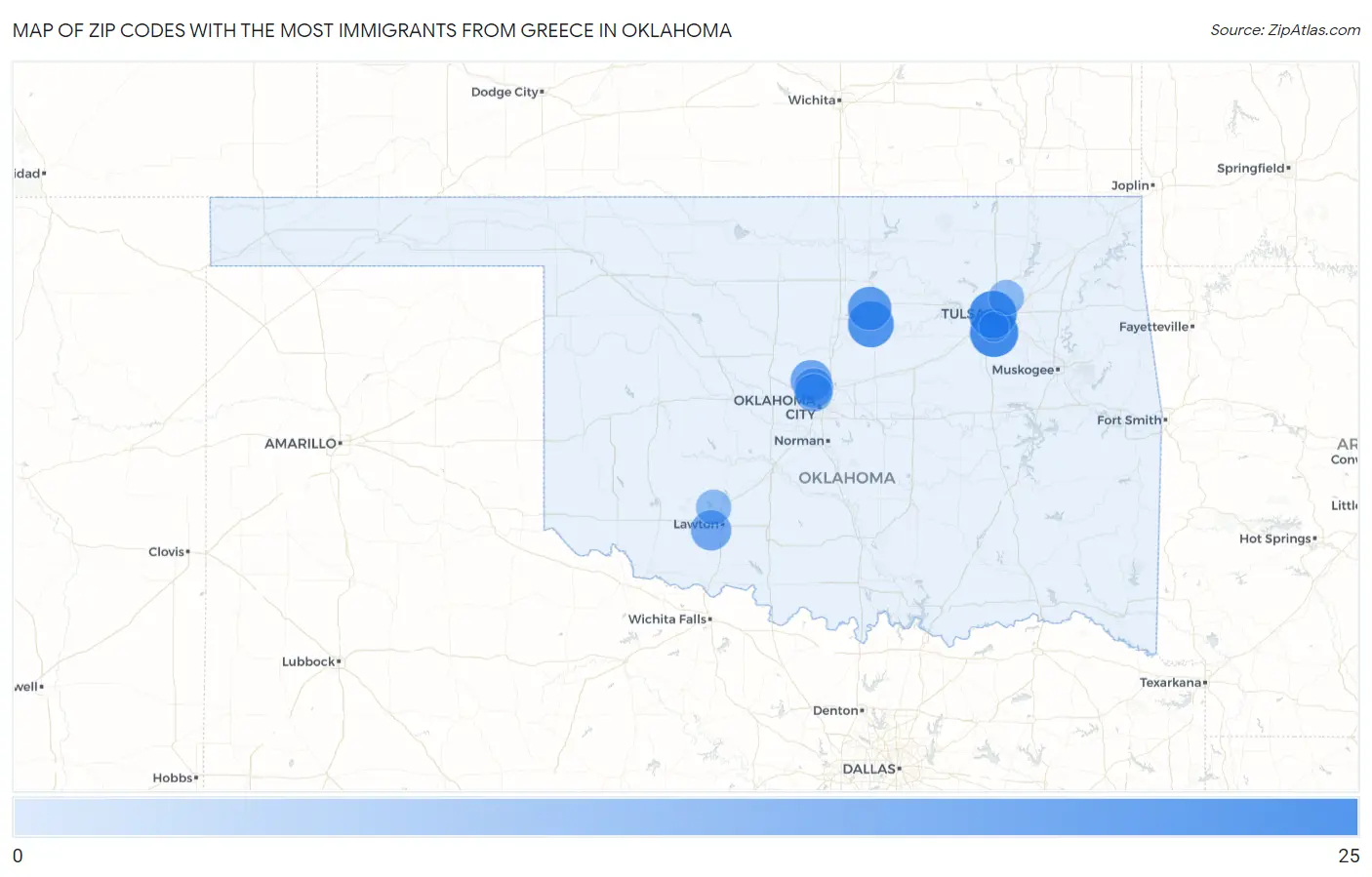 Zip Codes with the Most Immigrants from Greece in Oklahoma Map