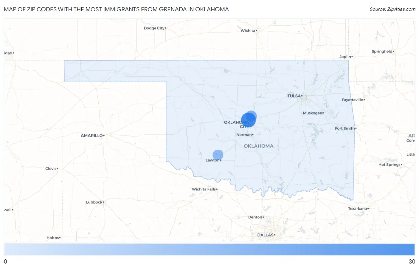 Zip Codes with the Most Immigrants from Grenada in Oklahoma Map