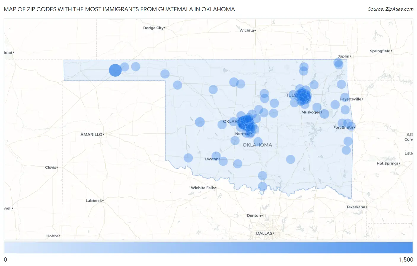 Zip Codes with the Most Immigrants from Guatemala in Oklahoma Map