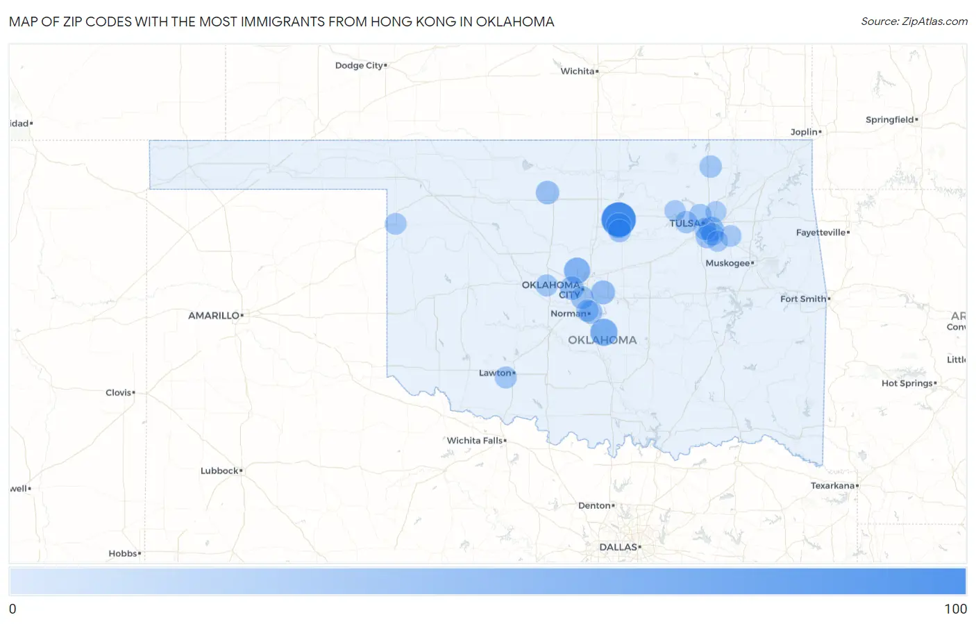 Zip Codes with the Most Immigrants from Hong Kong in Oklahoma Map