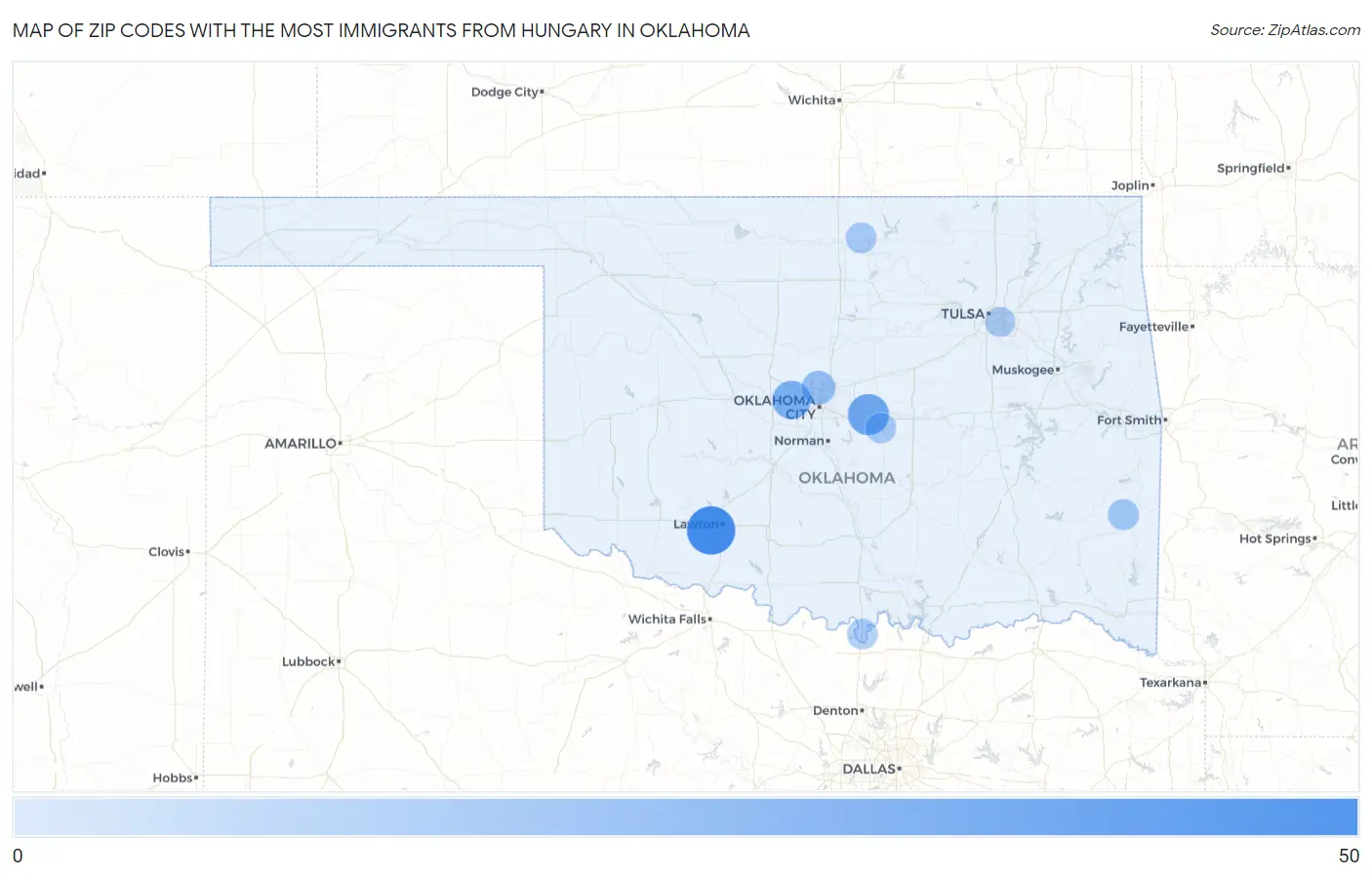 Zip Codes with the Most Immigrants from Hungary in Oklahoma Map