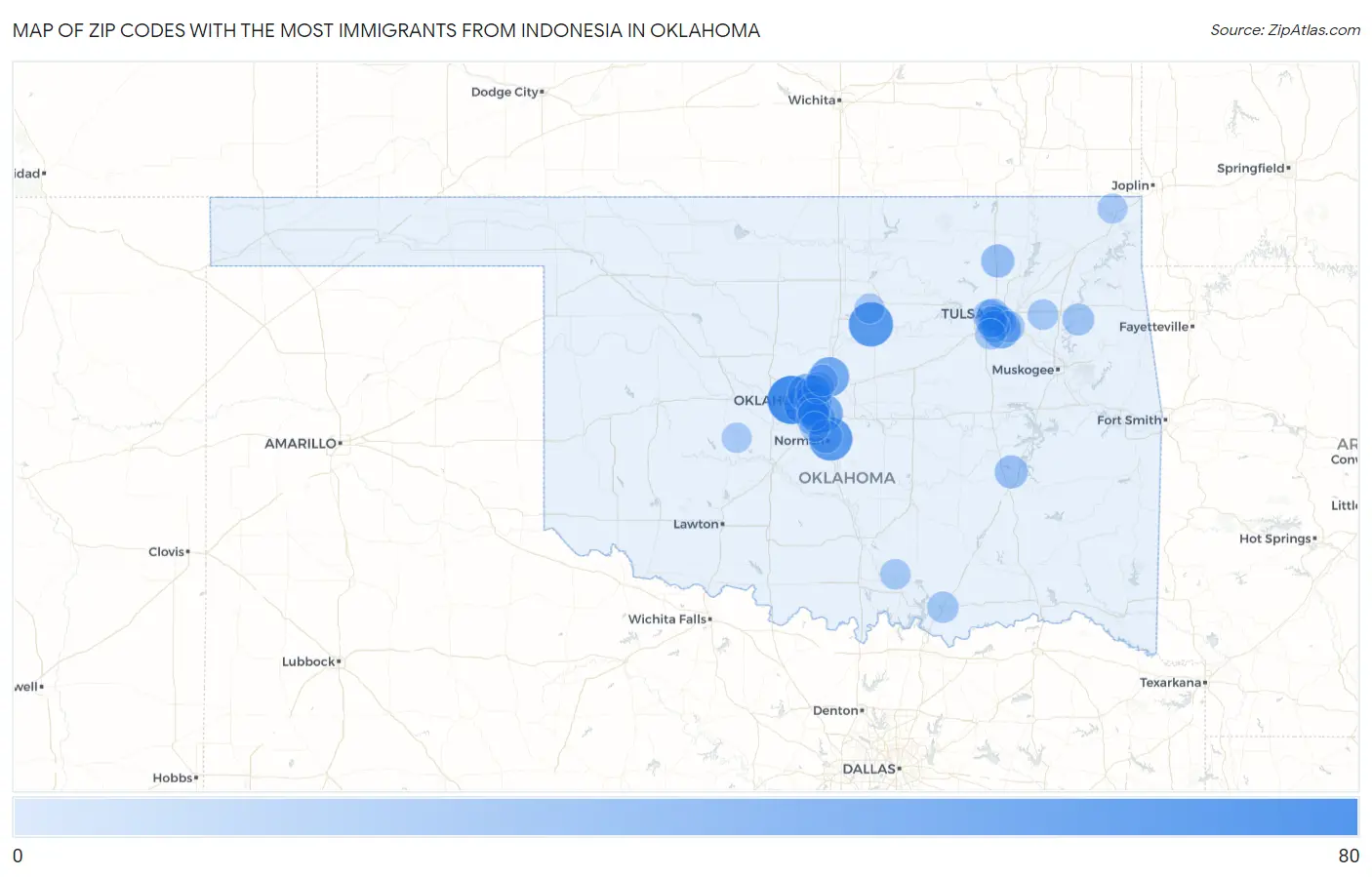 Zip Codes with the Most Immigrants from Indonesia in Oklahoma Map