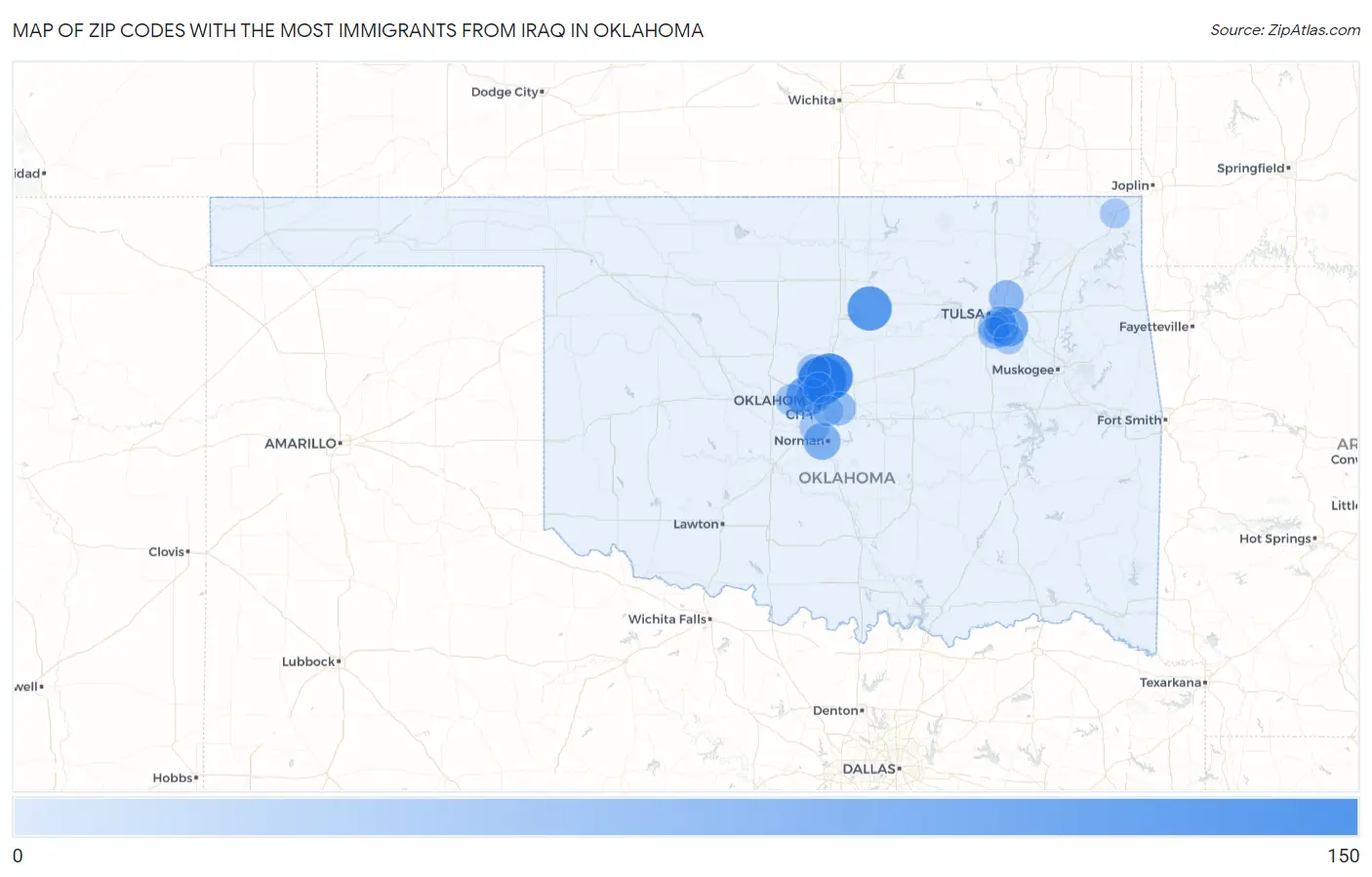 Zip Codes with the Most Immigrants from Iraq in Oklahoma Map