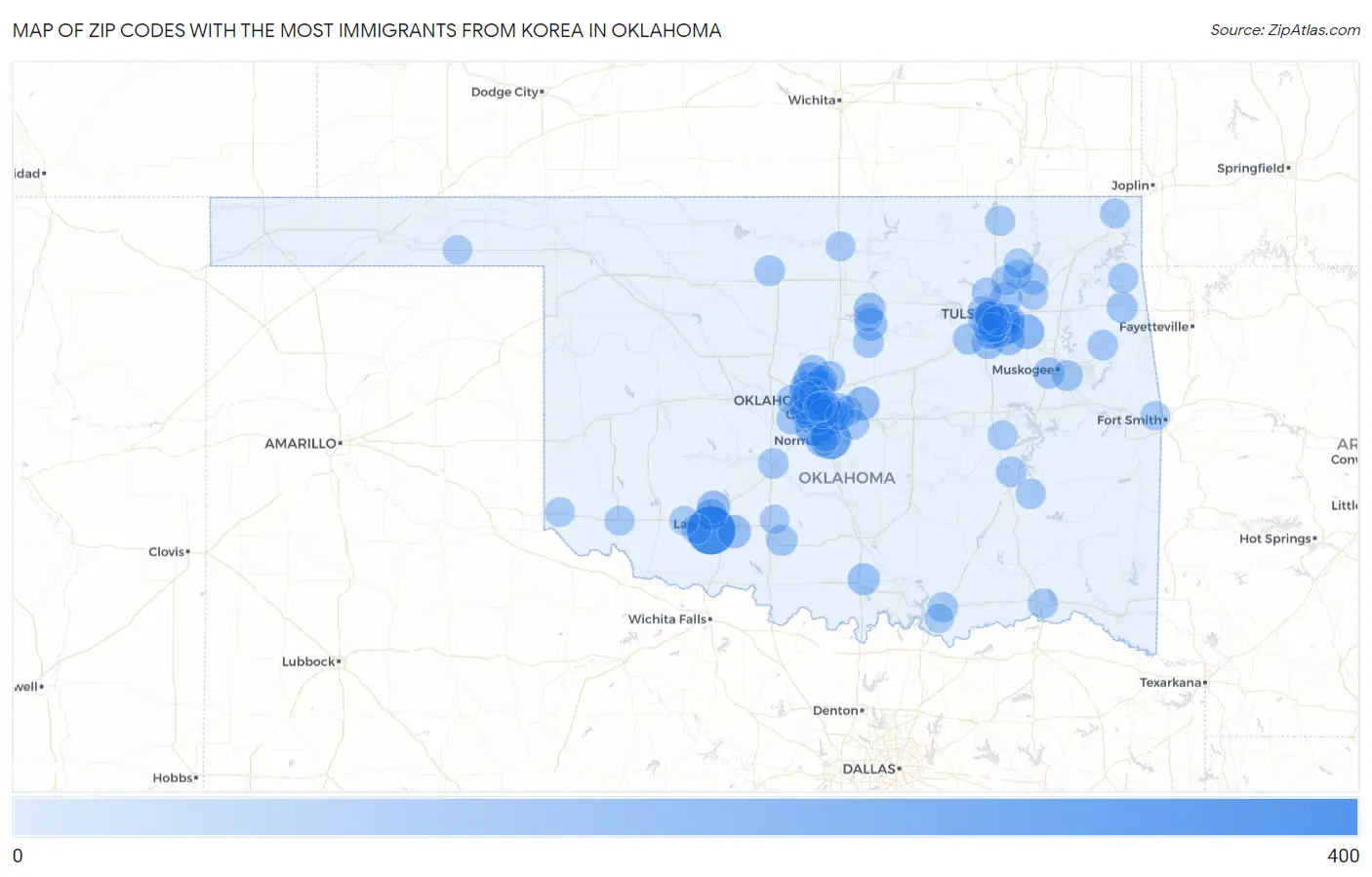 Zip Codes with the Most Immigrants from Korea in Oklahoma Map
