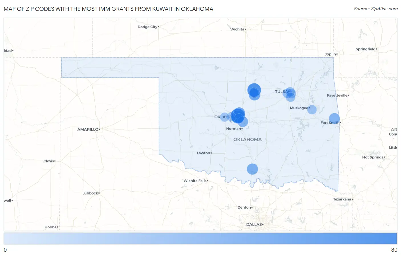 Zip Codes with the Most Immigrants from Kuwait in Oklahoma Map