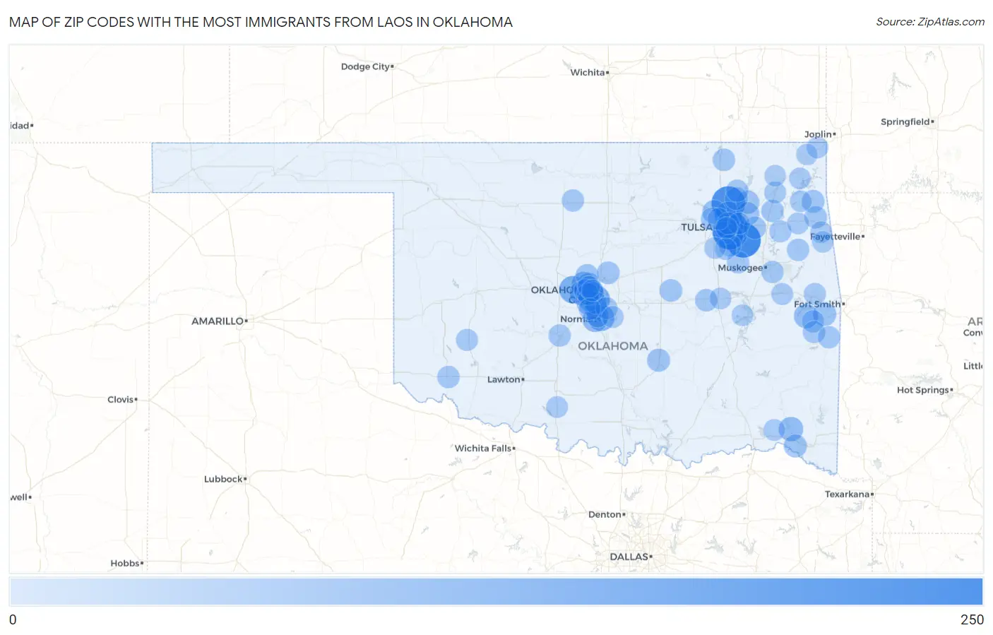 Zip Codes with the Most Immigrants from Laos in Oklahoma Map